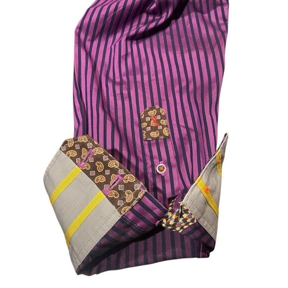 Men’s Robert Graham Purple Navy Striped Contrasting Cuff Long Sleeve Shirt Size - Picture 10 of 12